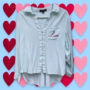 Hearts Pattern Valentine’s Green White LOVE Button Up High Low Hem Top Women’s L